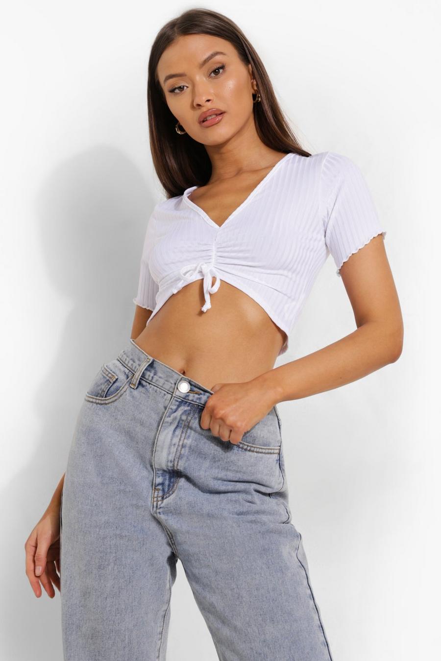 White Rib Rouche Detail Crop Top image number 1