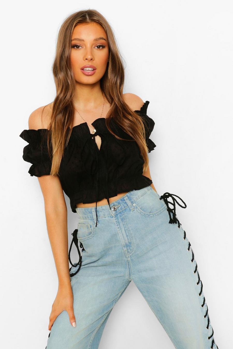 Black Woven Frill Crop Top image number 1