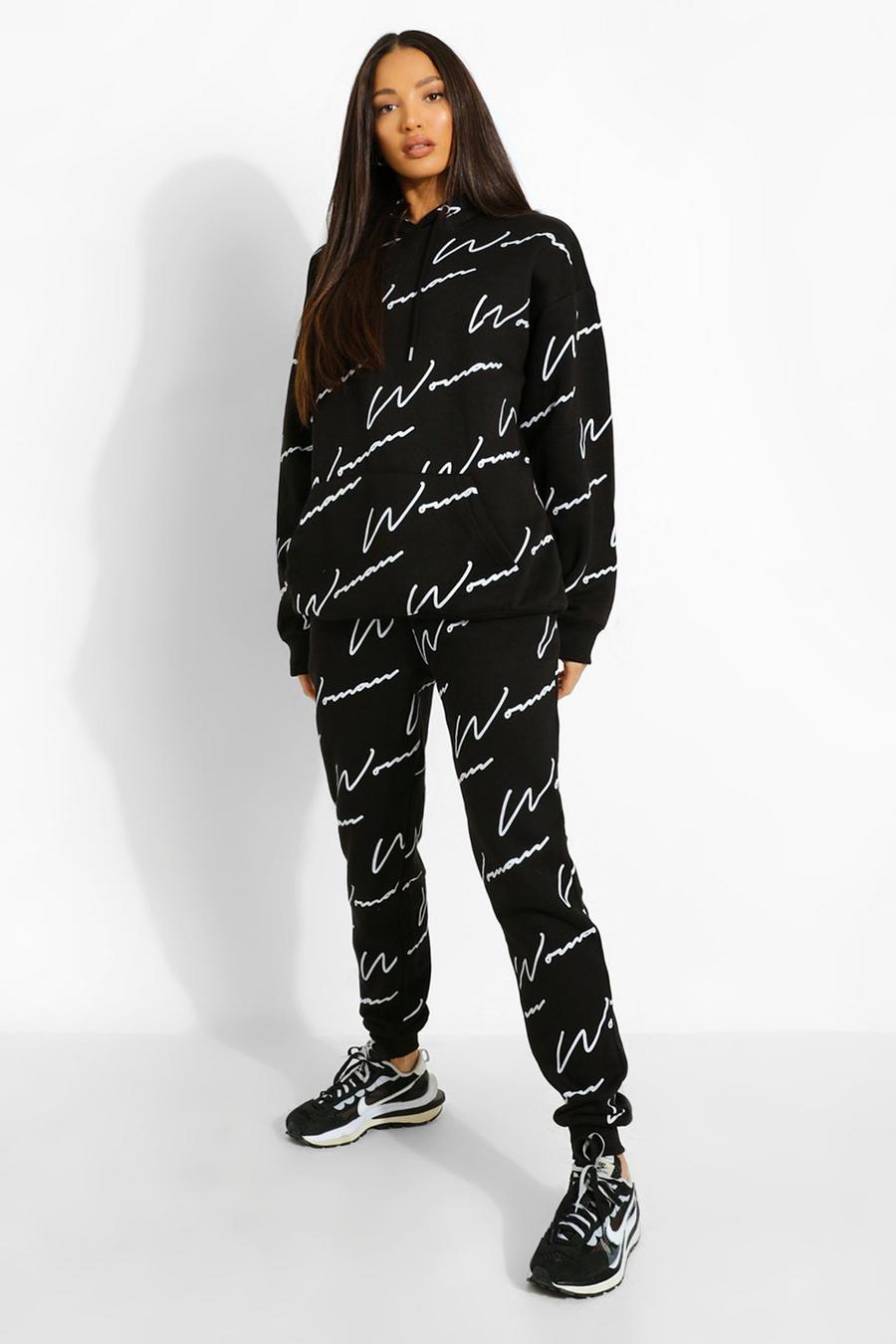Black Tall All Over Woman Script Hoody Tracksuit image number 1