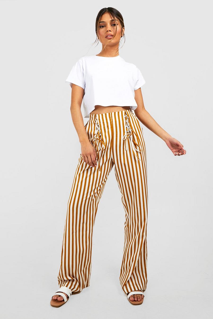 Mustard Stripe Lace Up Wide Leg Trousers image number 1