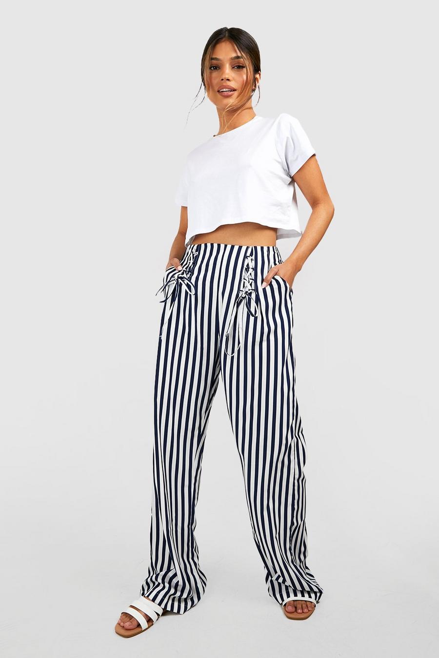 Navy Stripe Lace Up Wide Leg Trousers image number 1