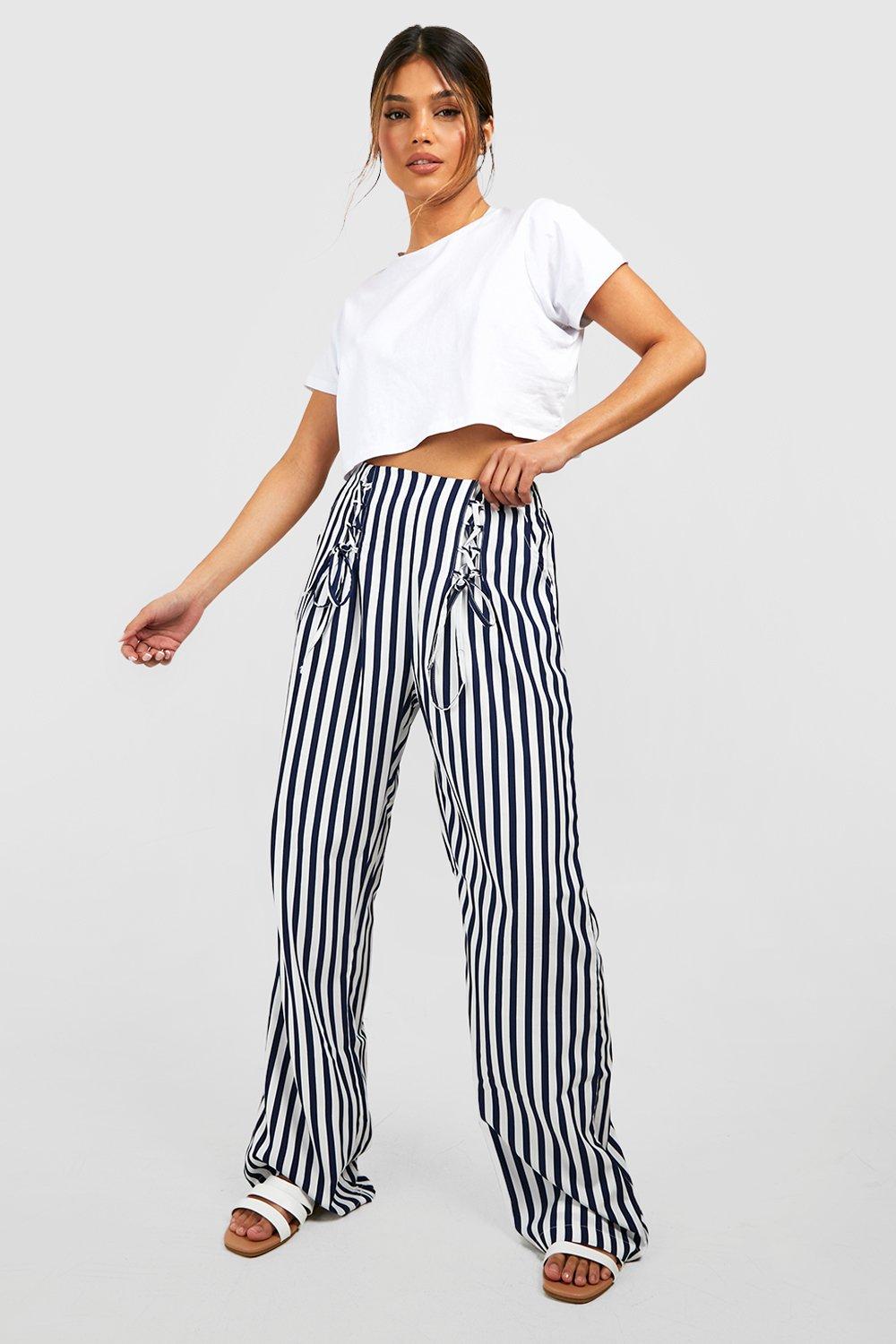 Fashion Summer Wide Leg lace up Pants Women High Waist Striped