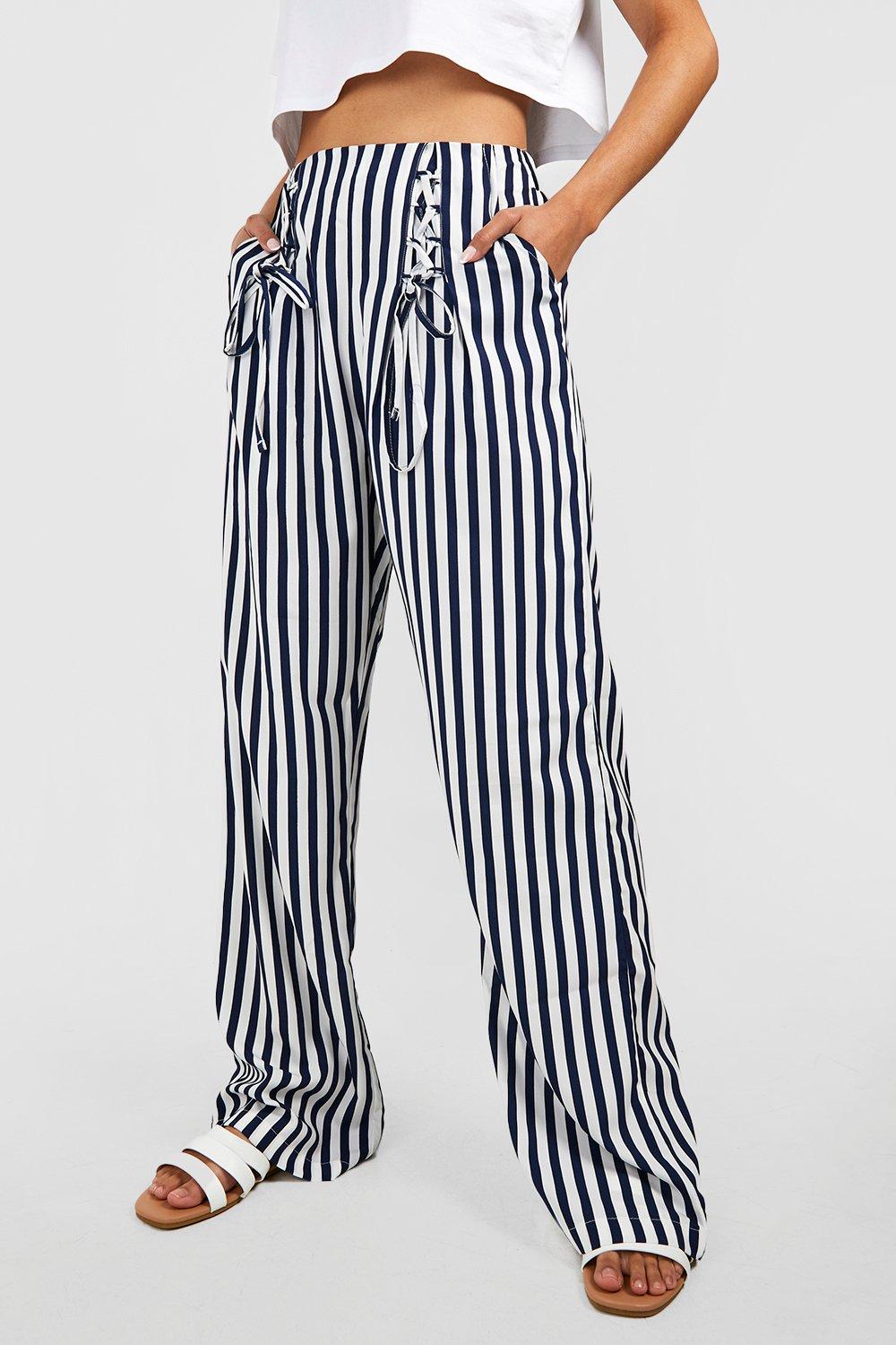 Stripe Lace Up Wide Leg Pants