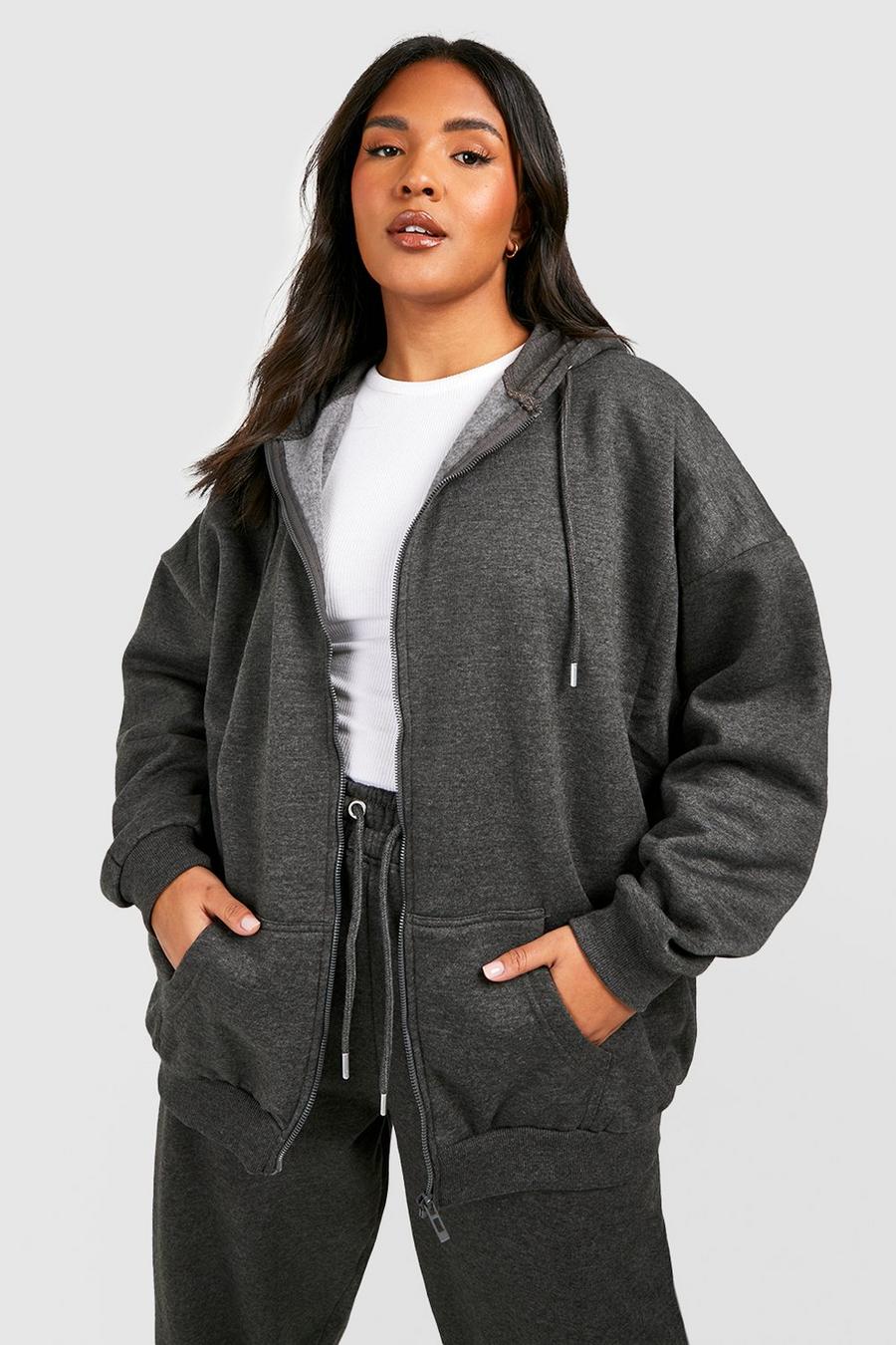 Grande taille - Sweat à capuche recyclé zippé oversize, Charcoal grey