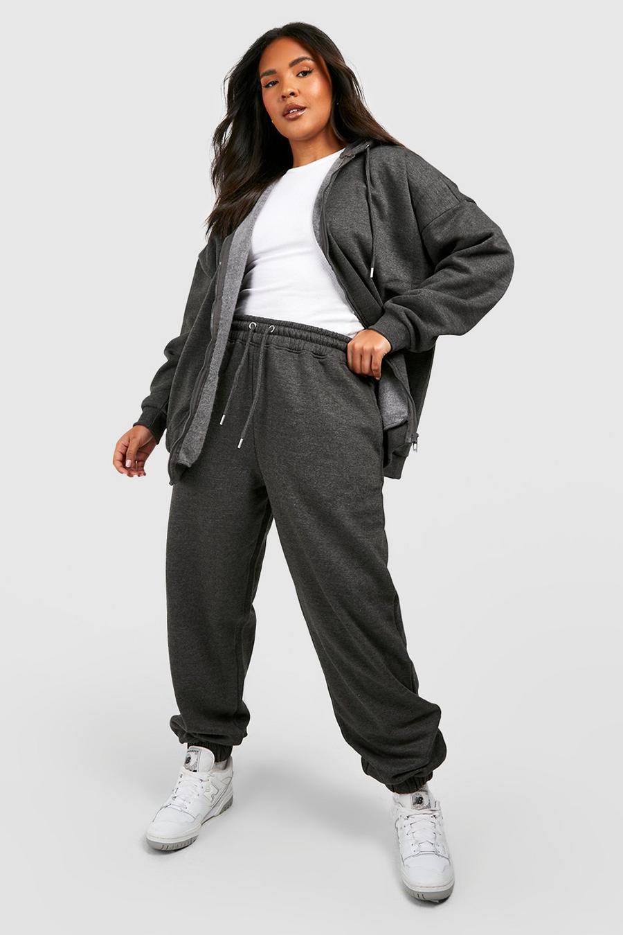 Pantaloni tuta Plus Size Basic in fibre riciclate con polsini alle caviglie, Charcoal grey