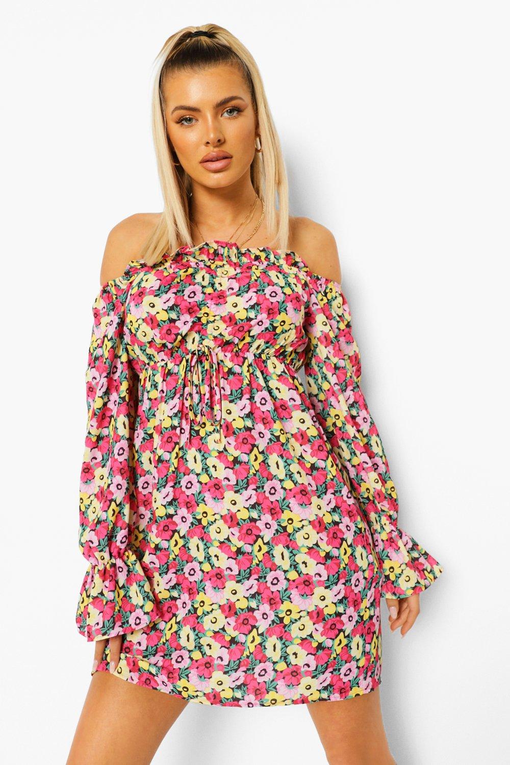 Floral Ruched Bardot Long Sleeve Mini Dress