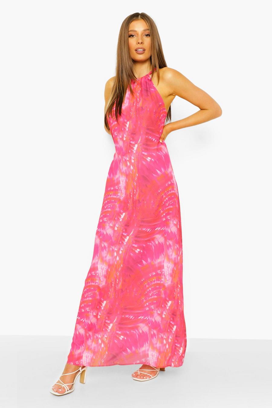 Pink Tie Dye Halter Maxi Dress image number 1