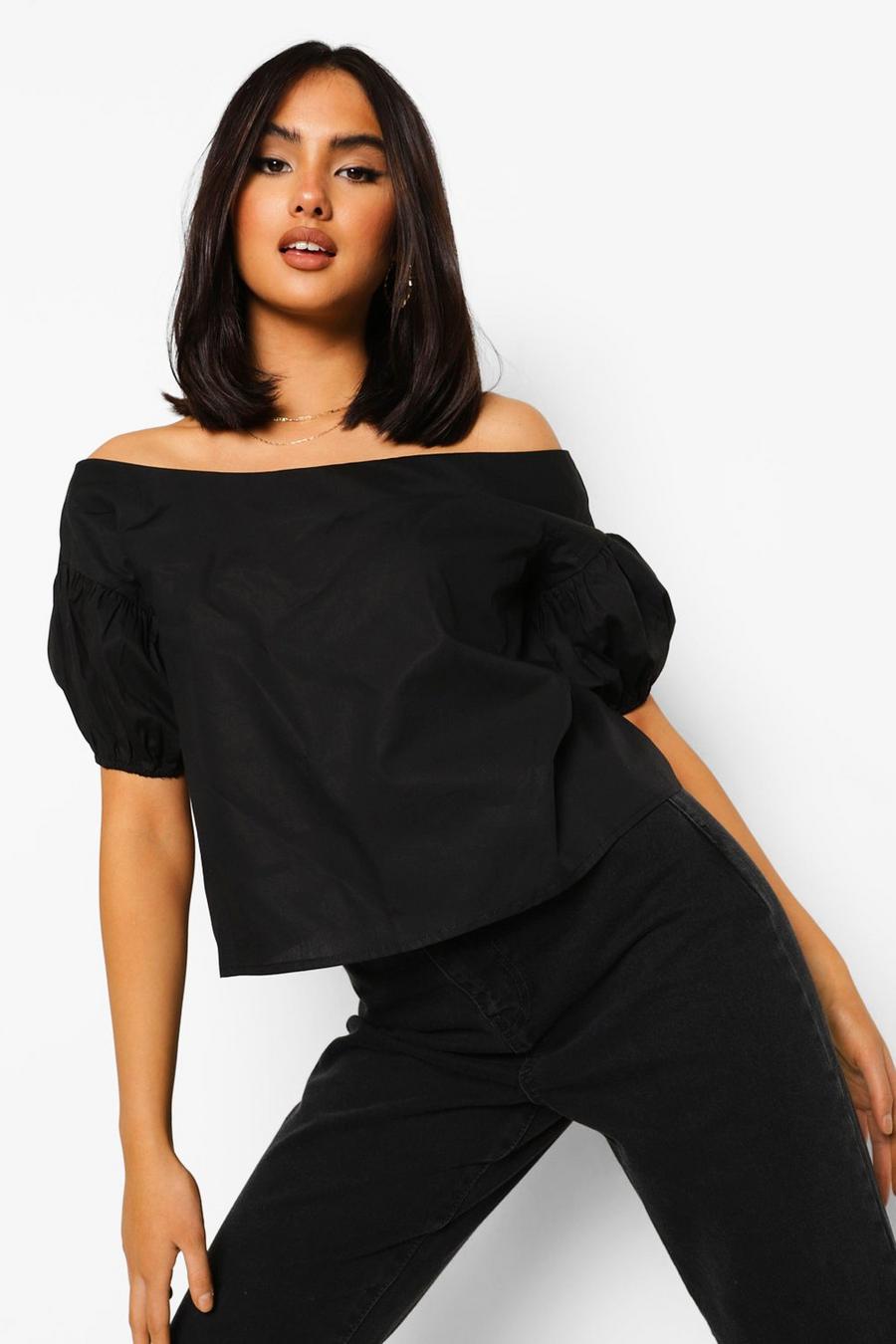 Black Cotton Off The Shoulder Puff Sleeve Top image number 1