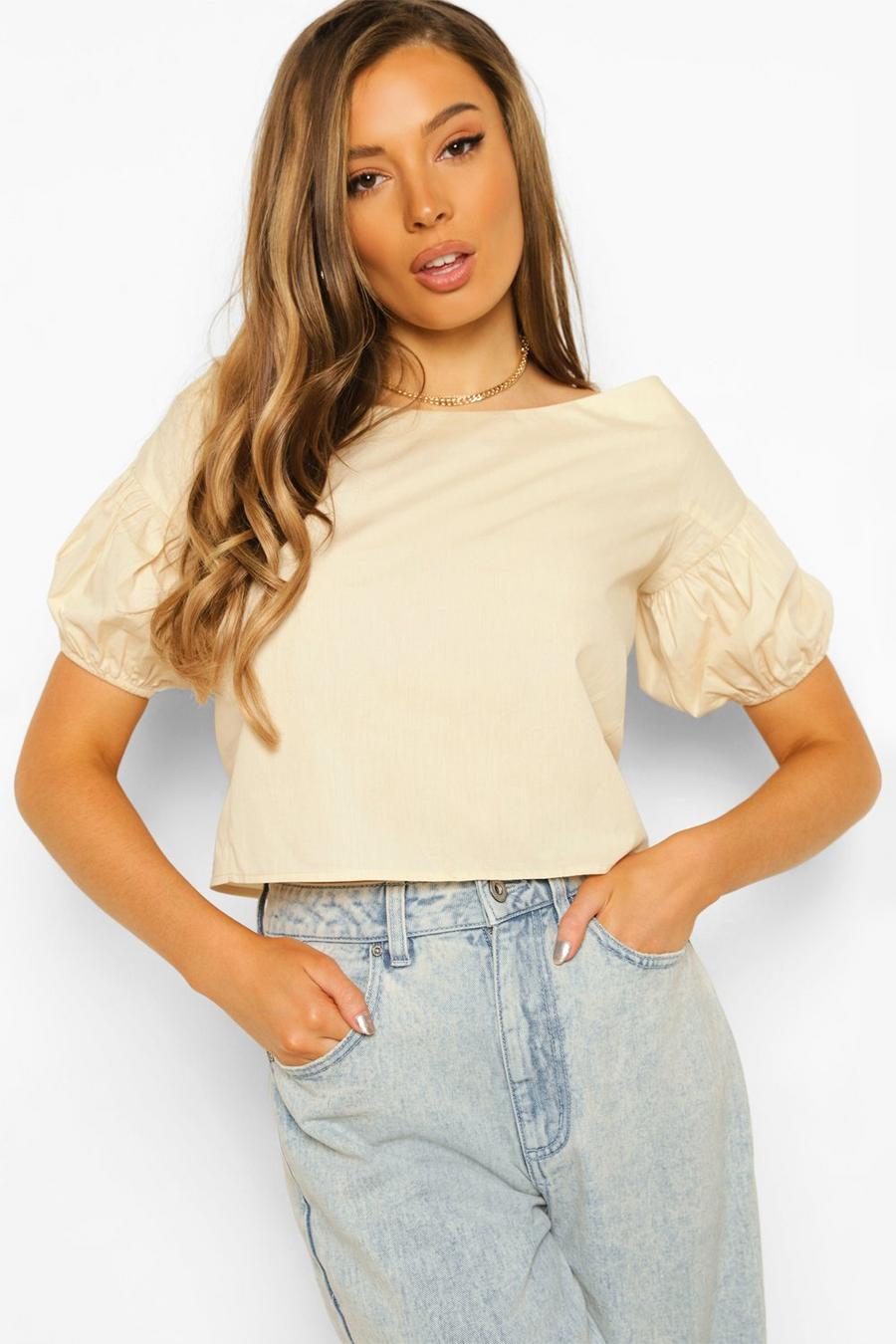 Stone Cotton Bardot Puff Sleeve Top image number 1