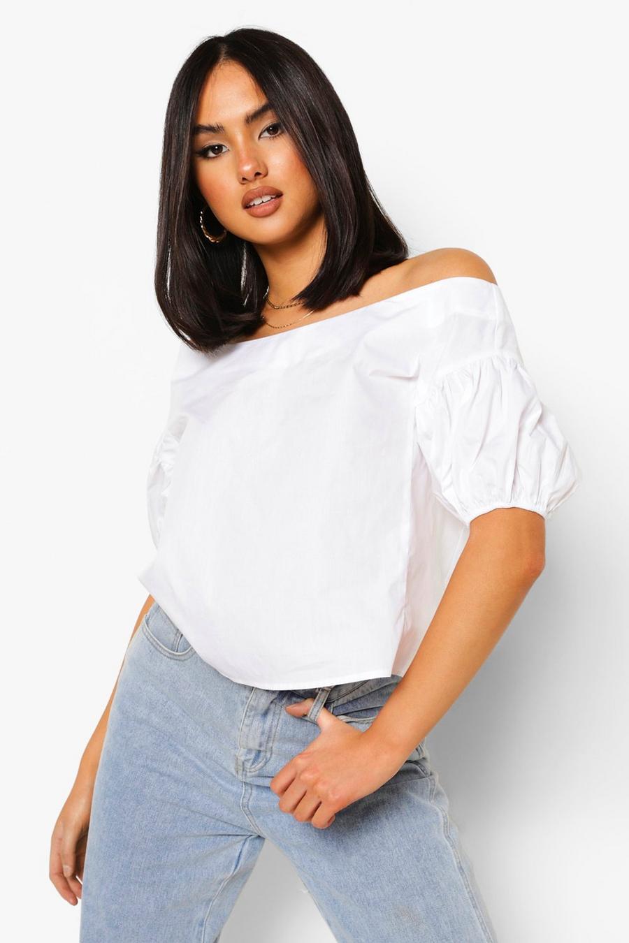 White Cotton Bardot Puff Sleeve Top image number 1