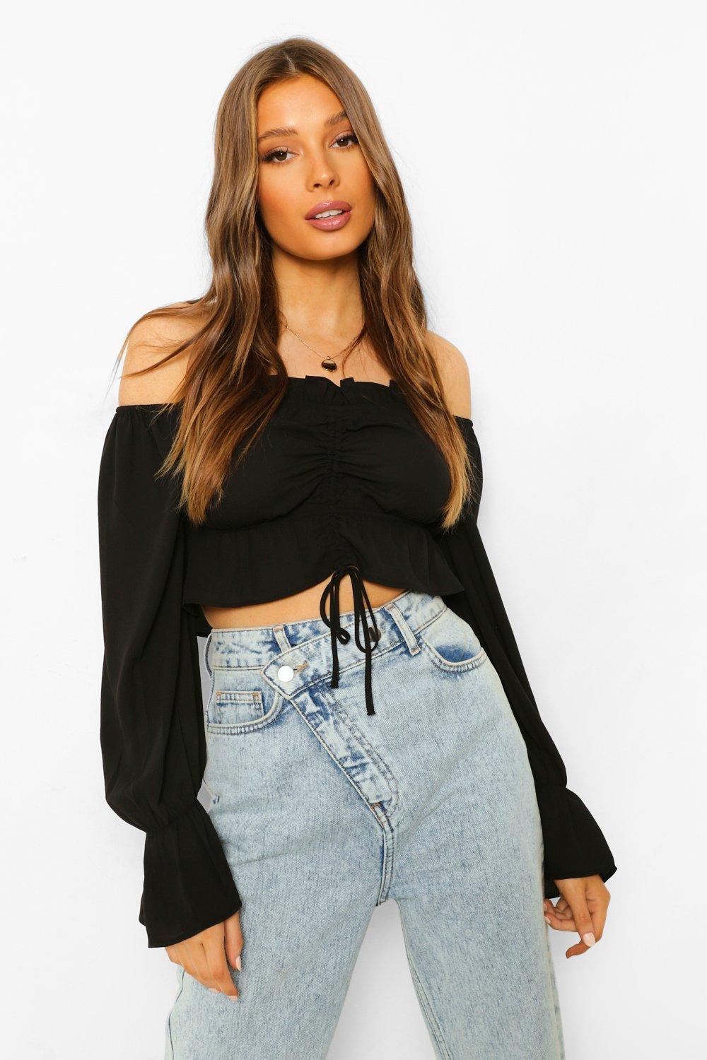 Black ruched detail bardot cheap long sleeve crop top