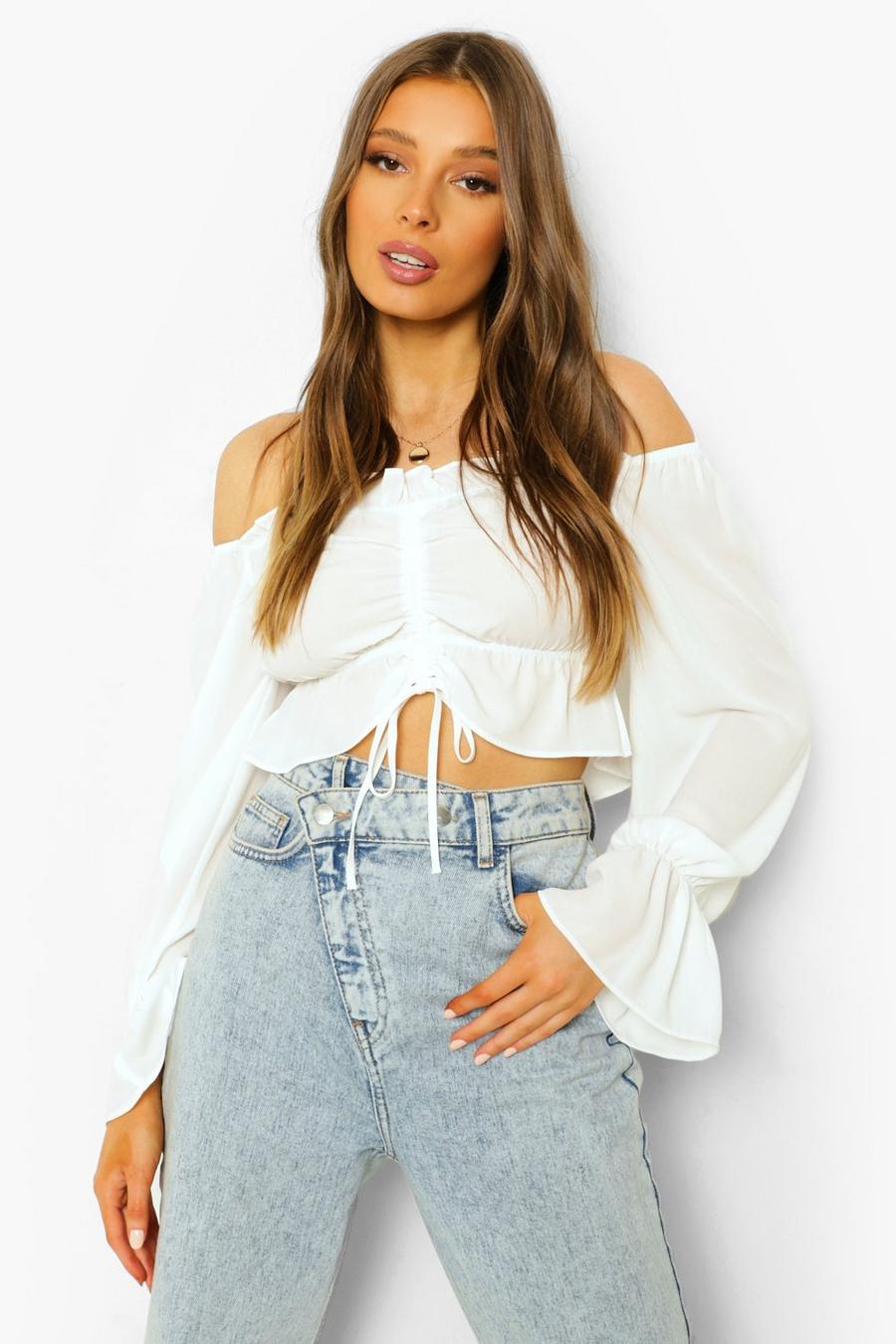 White Ruched Bardot Long Sleeve Crop Top image number 1