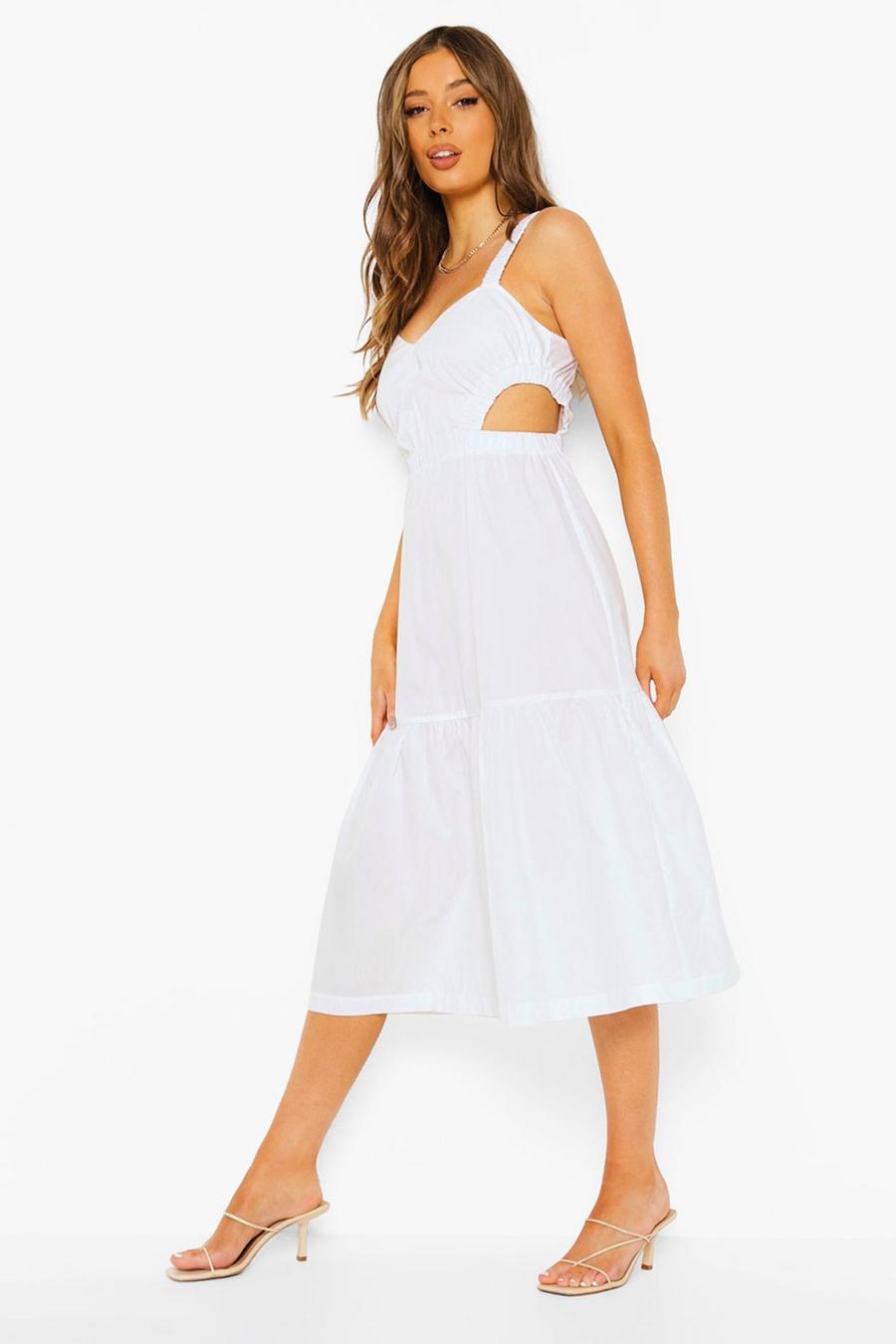 White Cotton Ruched Cut Out Midi Dress image number 1