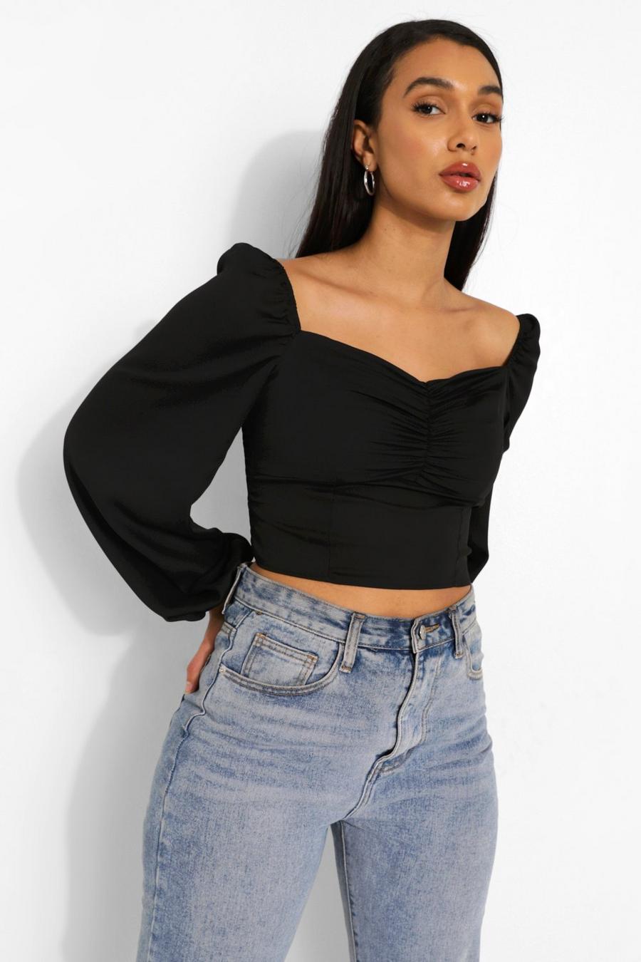 Black Ruched Bust Long Sleeve Blouse image number 1
