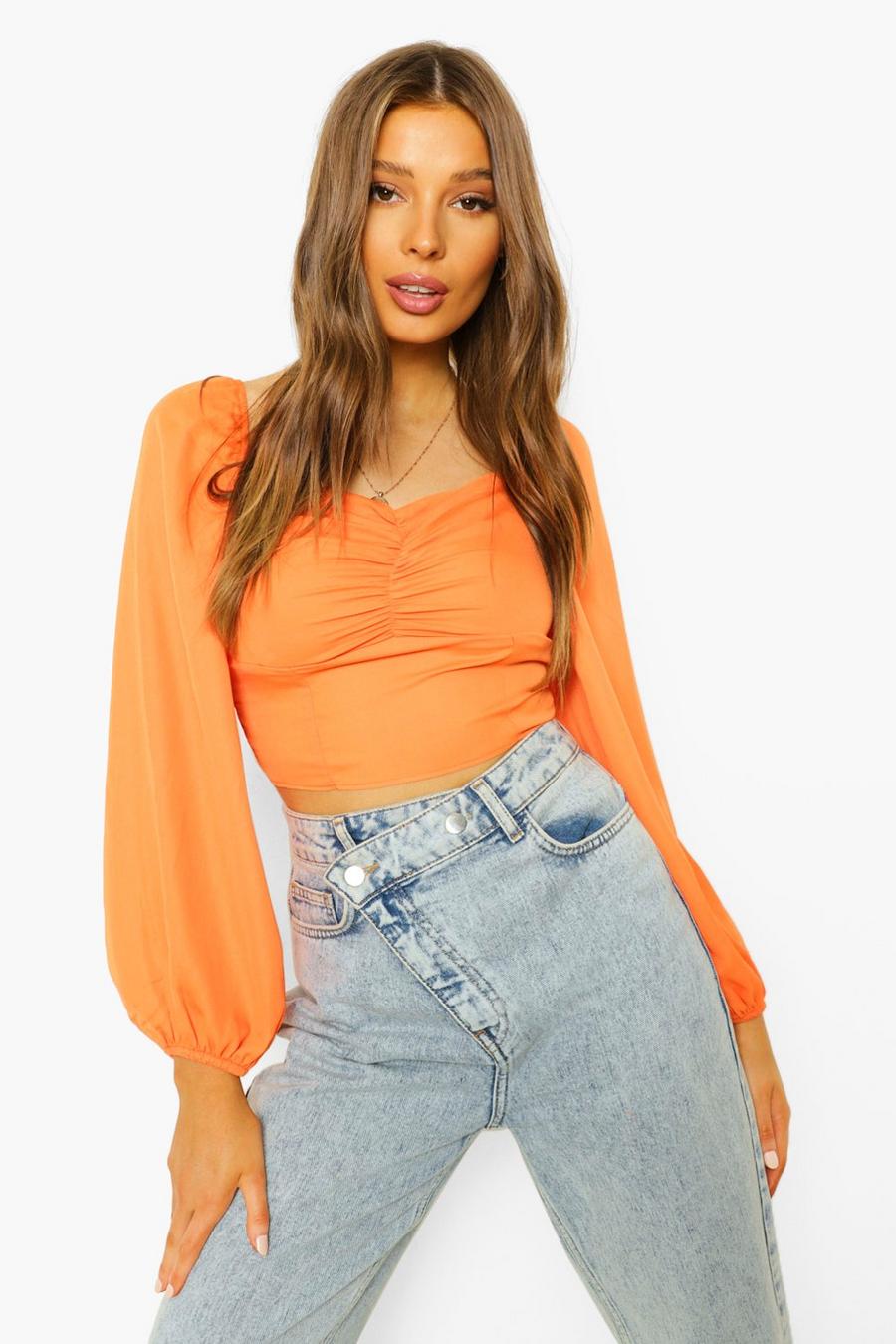 Orange Ruched Bust Long Sleeve Blouse image number 1