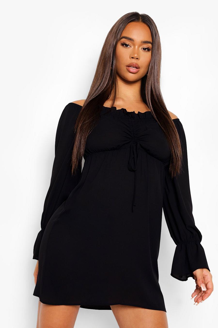 Black Ruched Bardot Long Sleeve Mini Dress image number 1