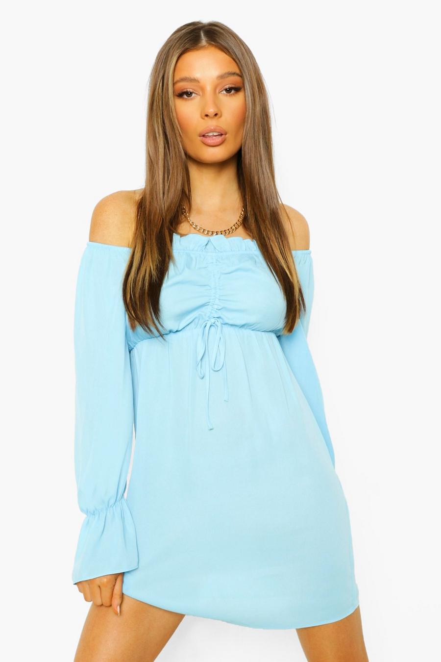 Blue Ruched Bardot Long Sleeve Mini Dress image number 1