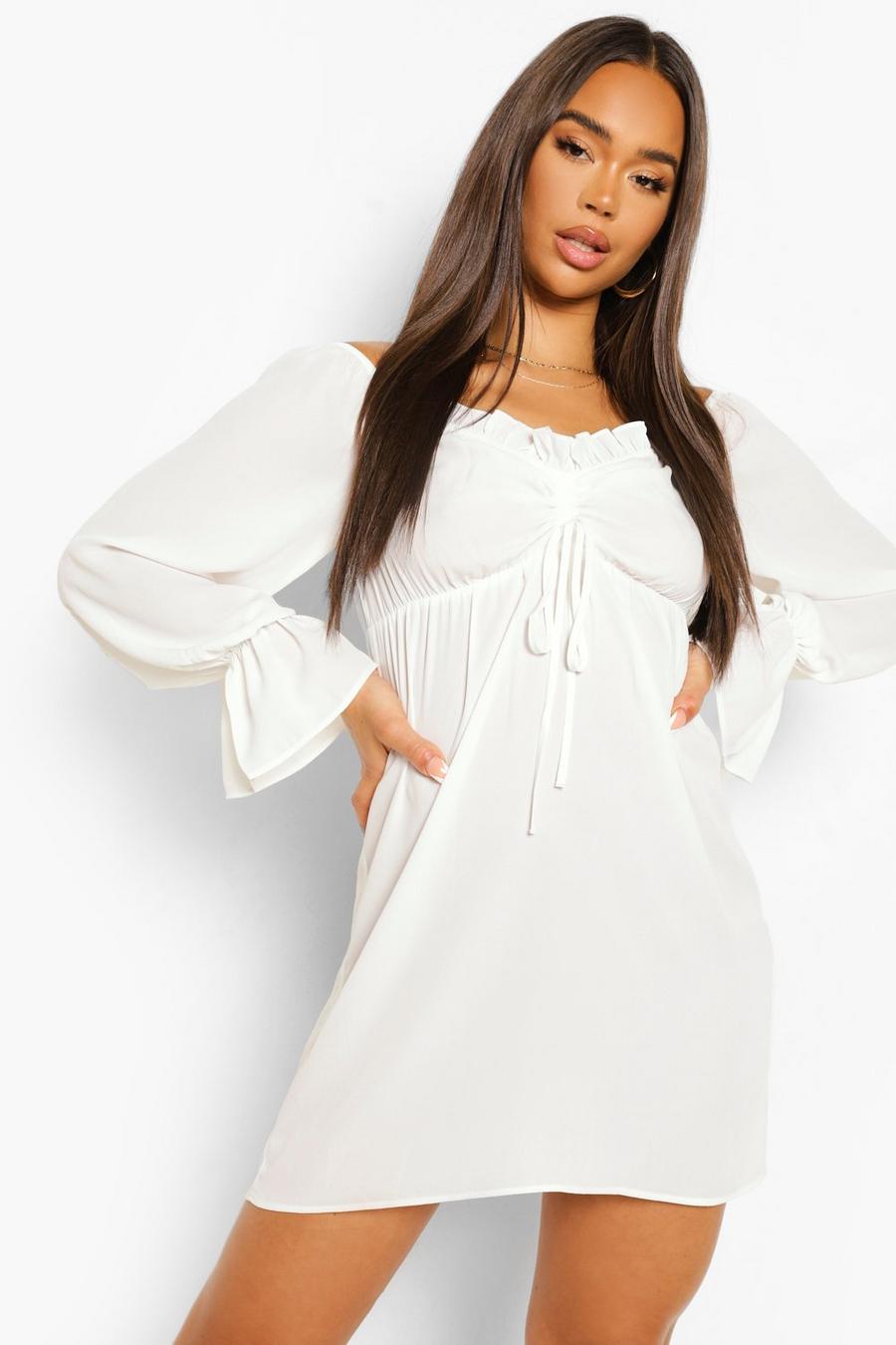 White Ruched Bardot Long Sleeve Mini Dress image number 1