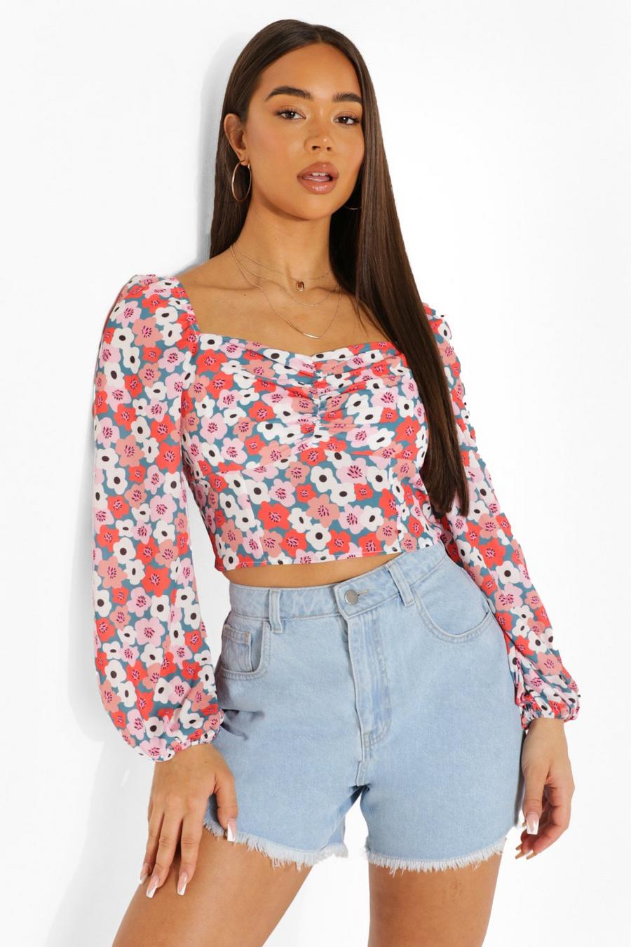 Pink Floral Ruched Bust Long Sleeve Blouse