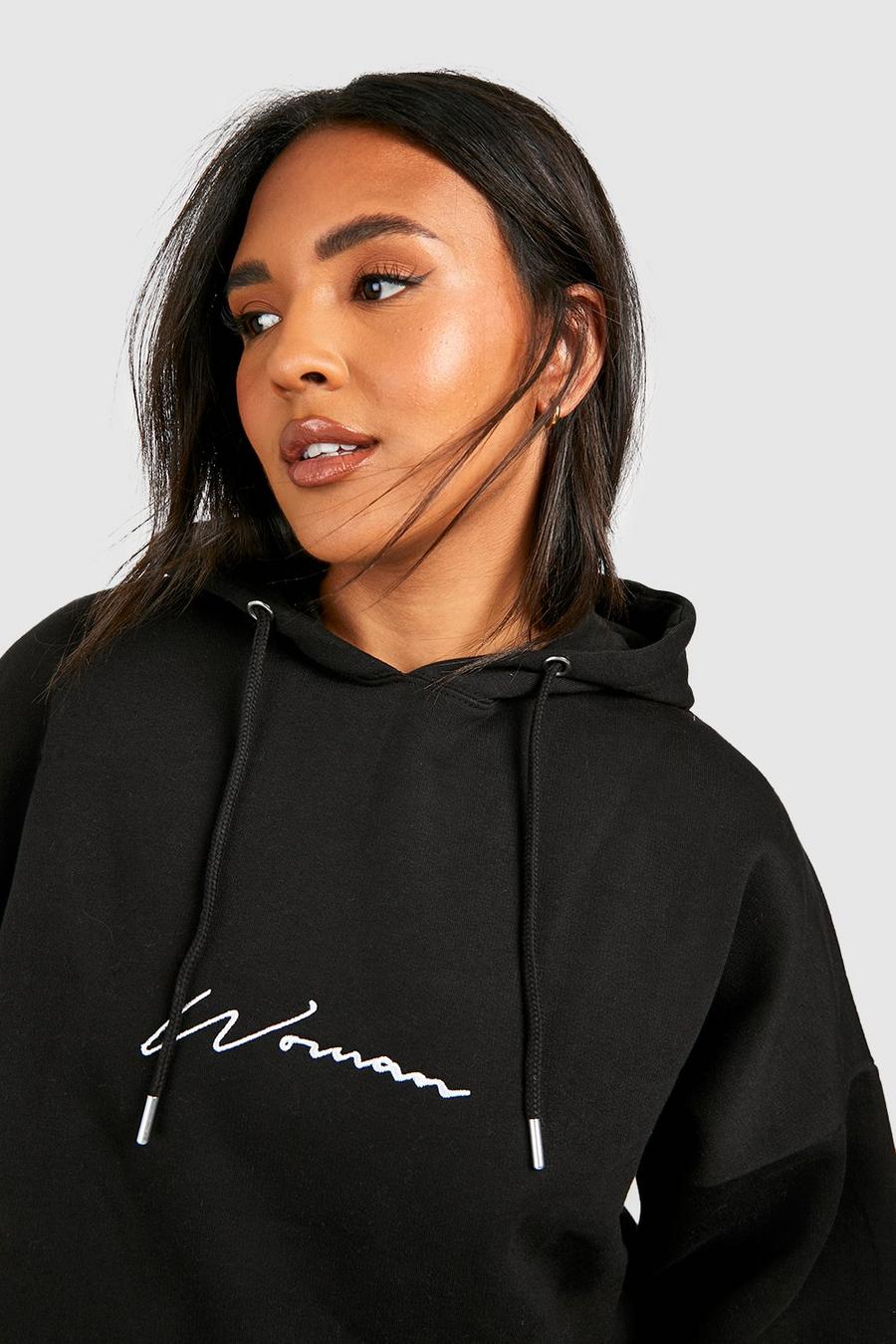 Black Recycled Plus Embroidered Woman Script Hoodie image number 1