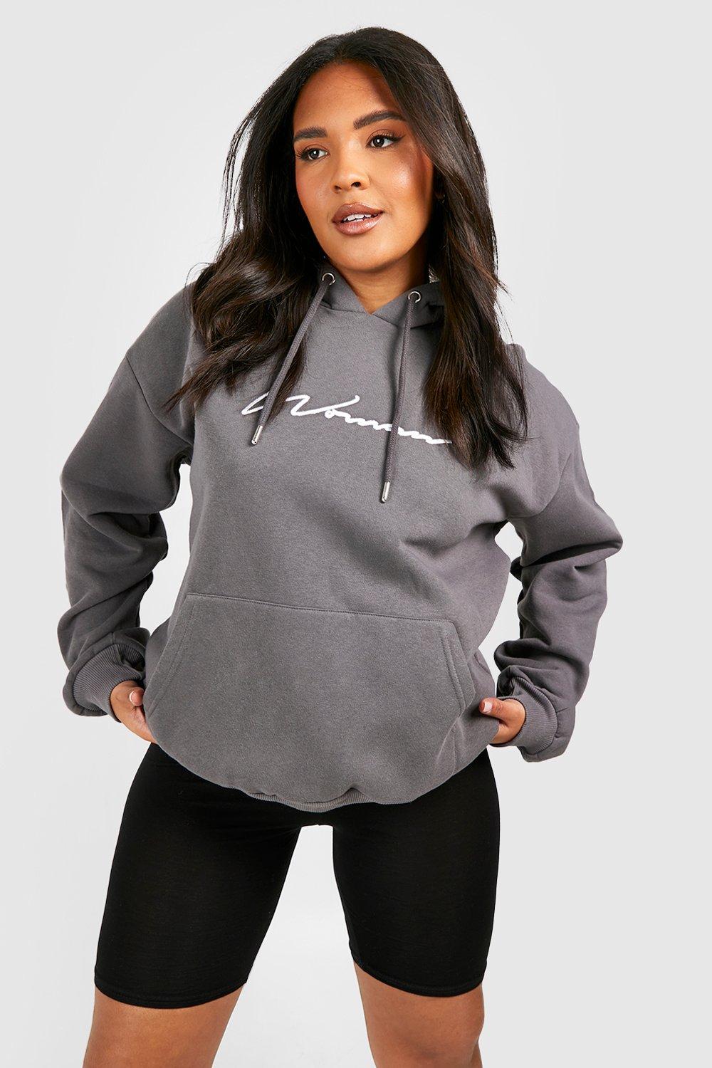 Women's Grey Recycled Plus Embroidered Woman Script Hoodie | Boohoo UK