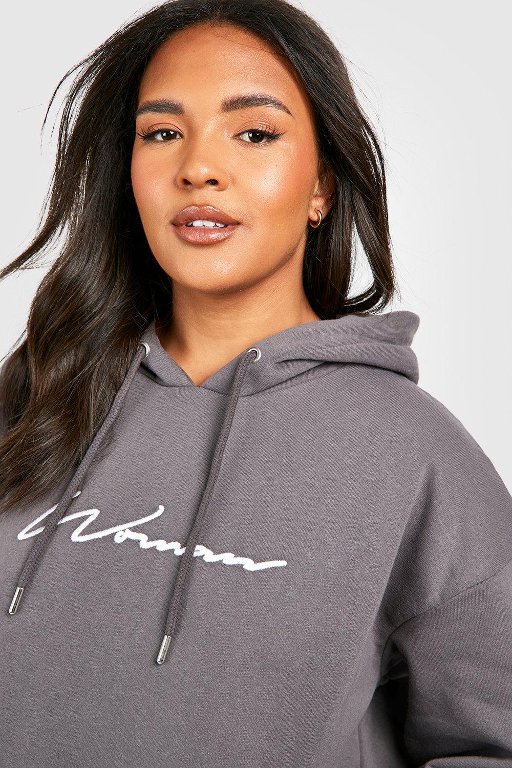 Women's Grey Recycled Plus Embroidered Woman Script Hoodie | Boohoo UK