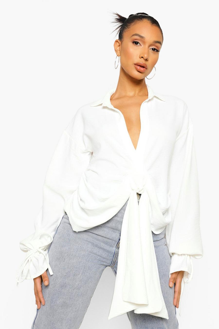 White Linen Look Tie Waist Blouse image number 1