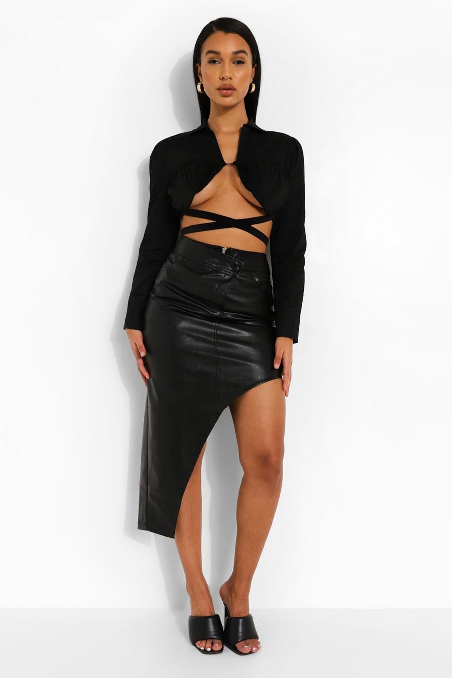 Black Asymmetric Leather Look Pu Mini Skirt image number 1