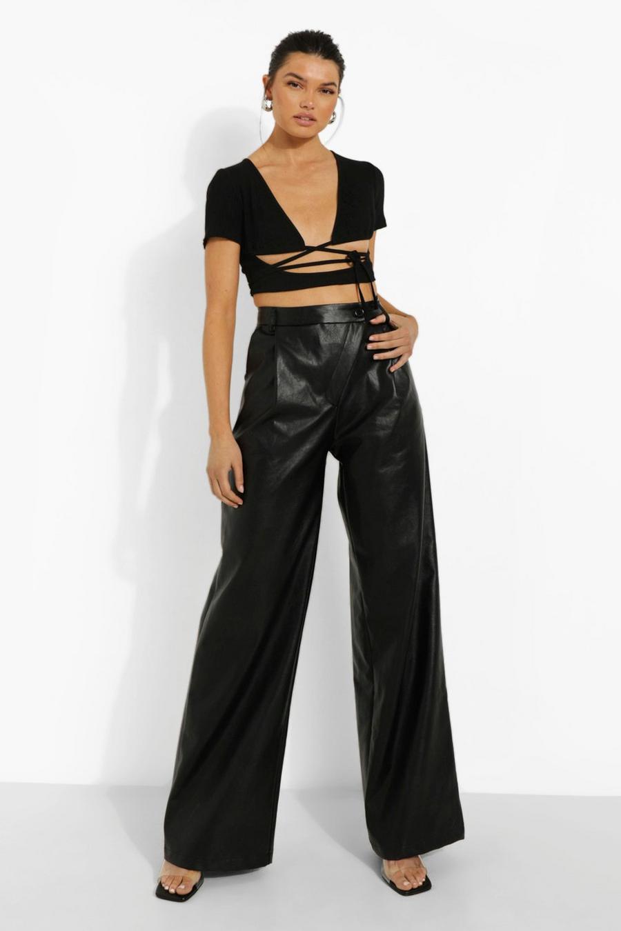Black Asymmetric Wide Leg Leather Look Trouser image number 1