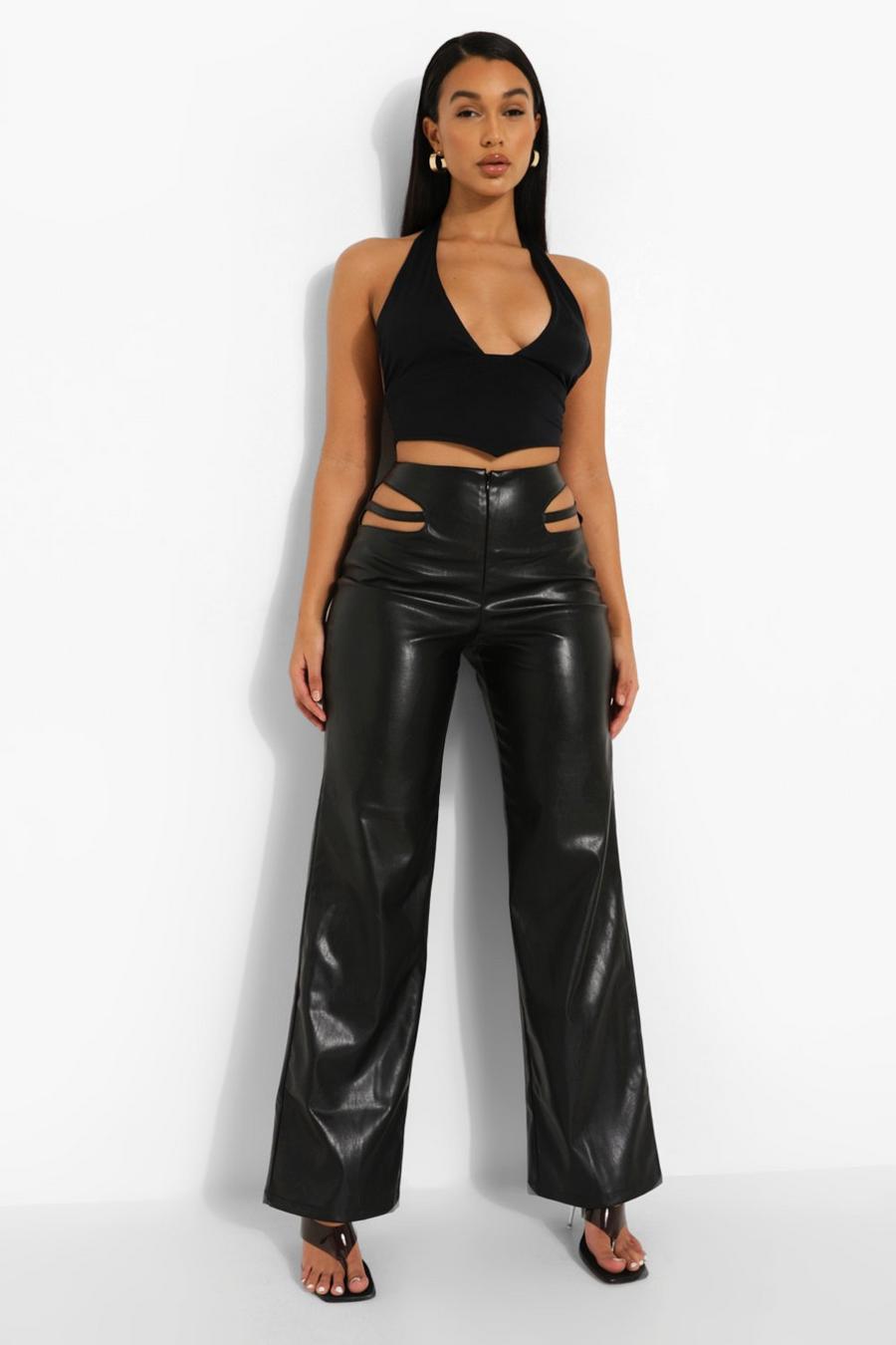 Black Cut Out Detail Wide Leg Leather Look Pants image number 1