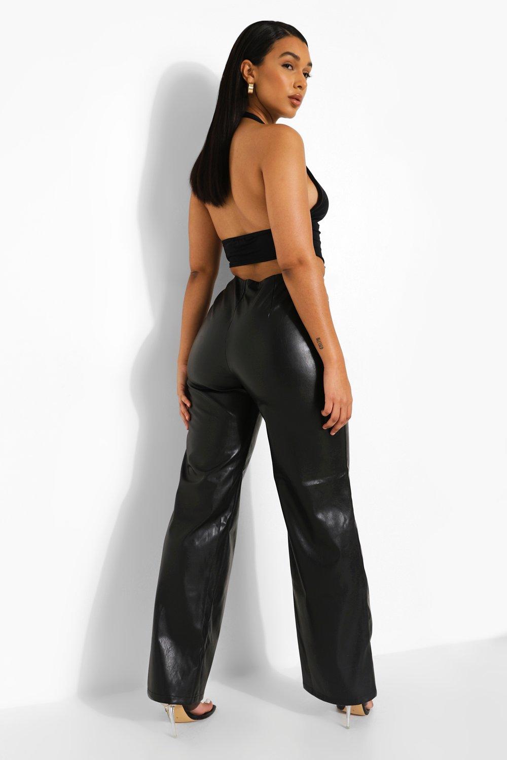 Cut Out Detail Wide Leg Faux Leather Pants