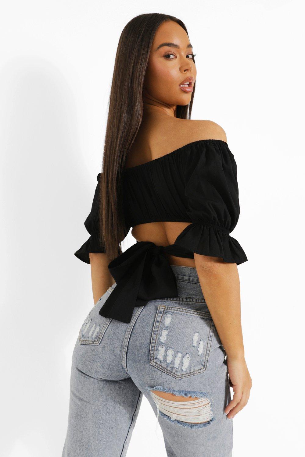 Women s Black Rouched Tie Back Bardot Crop Top Boohoo UK