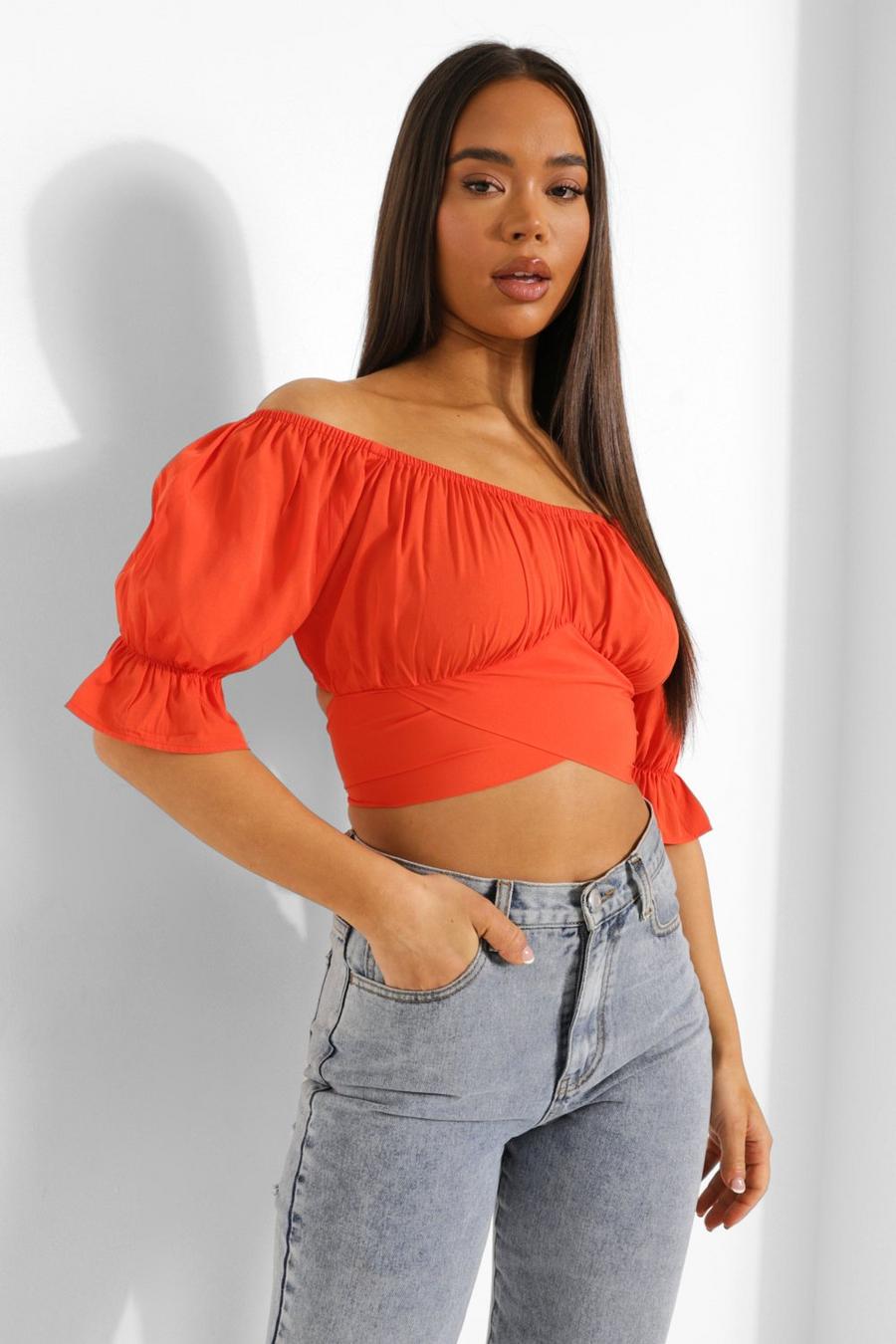 Red Rouched Tie Back Bardot Crop Top image number 1
