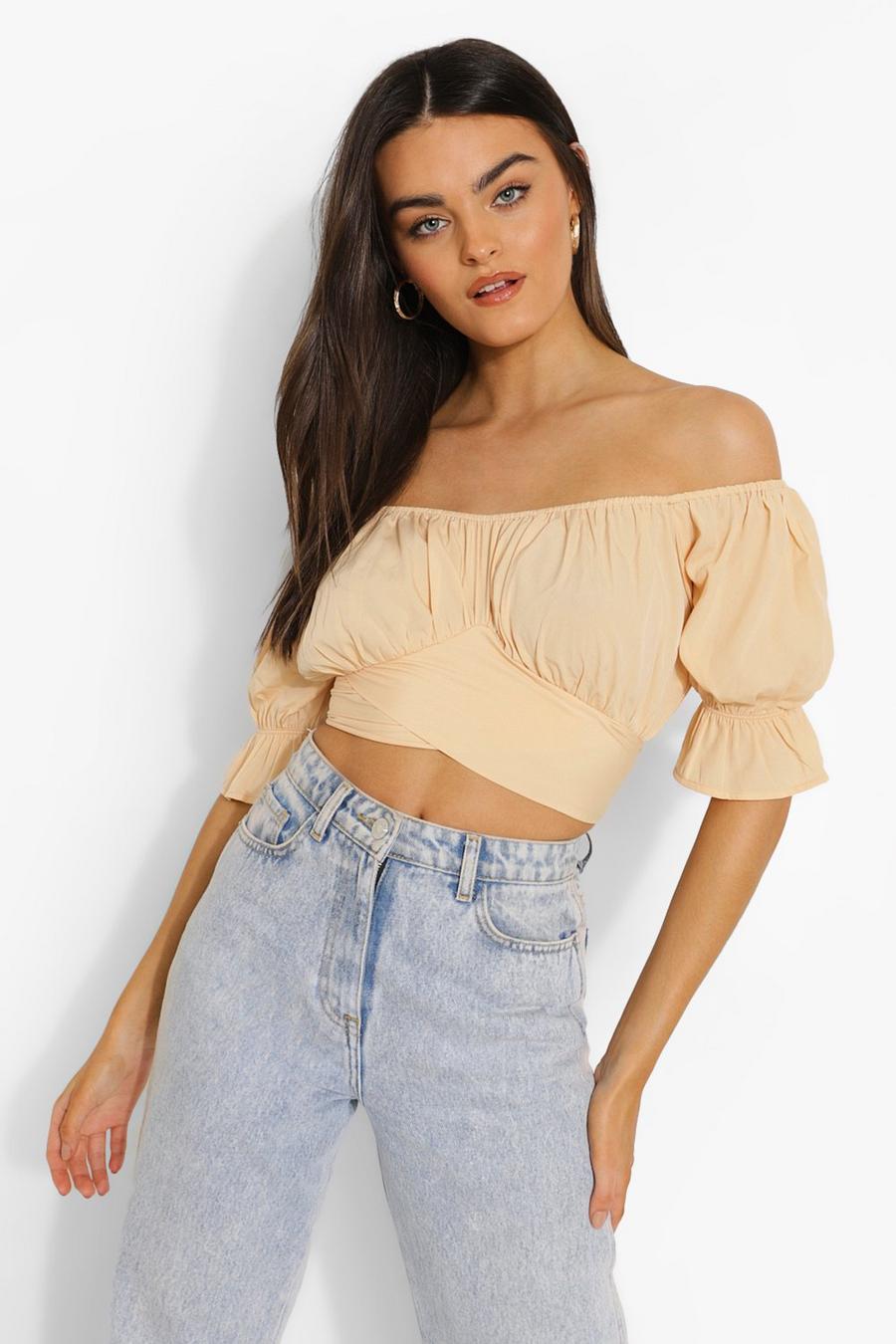 Sand Rouched Tie Back Bardot Crop Top image number 1