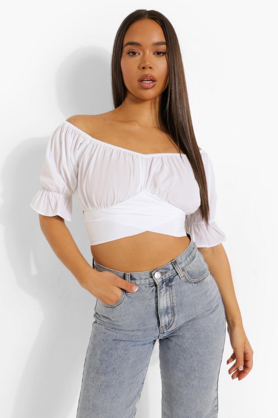 White Rouched Tie Back Bardot Crop Top image number 1