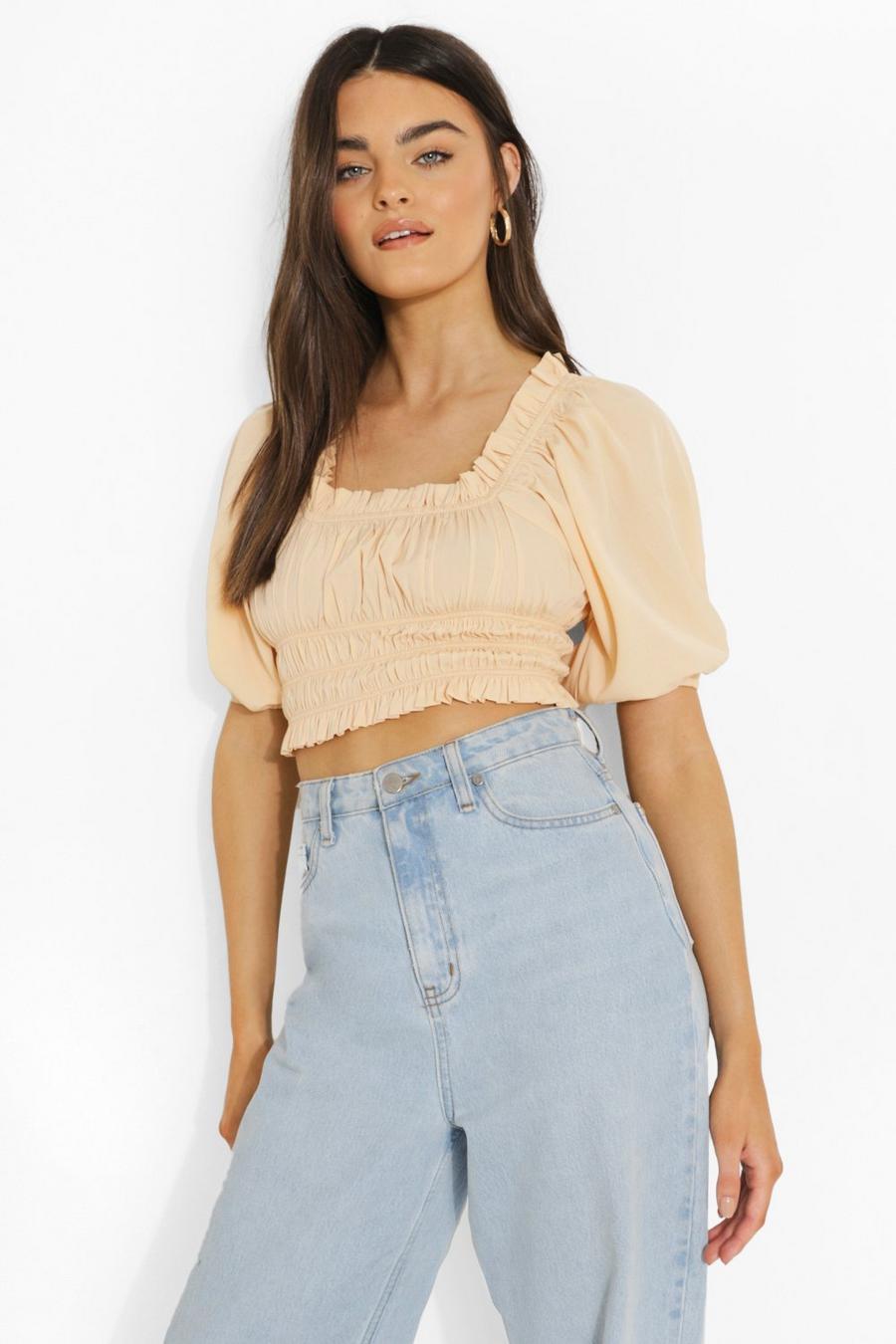 Sand Ruched Puff Sleeve Crop Top image number 1