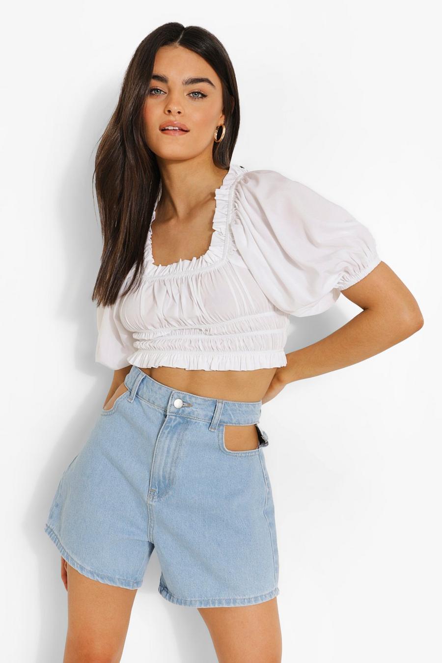 White Ruched Puff Sleeve Crop Top image number 1