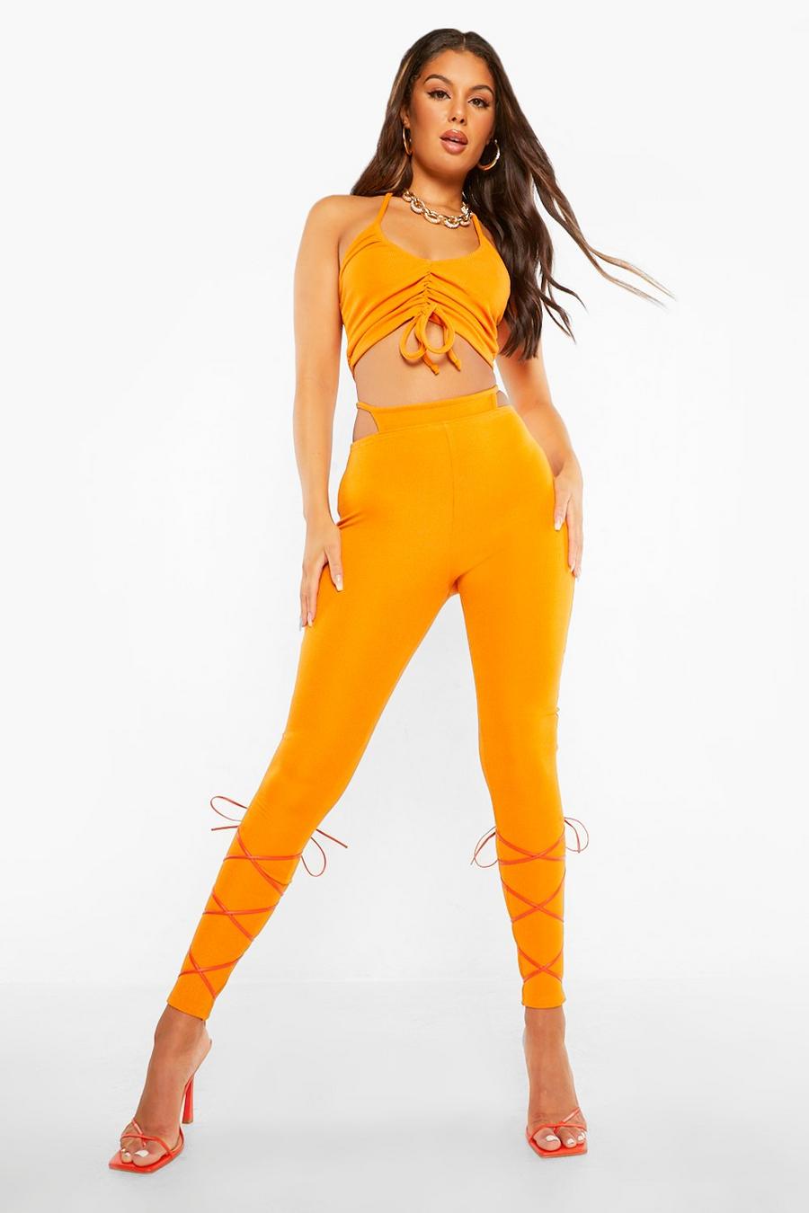 Orange Ribbade leggings med cut-outs image number 1