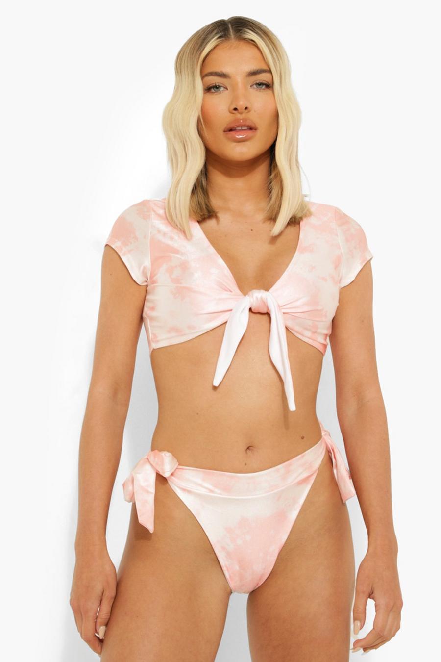 Slip bikini sgambato in fantasia tie dye con laccetti laterali, Rosa image number 1