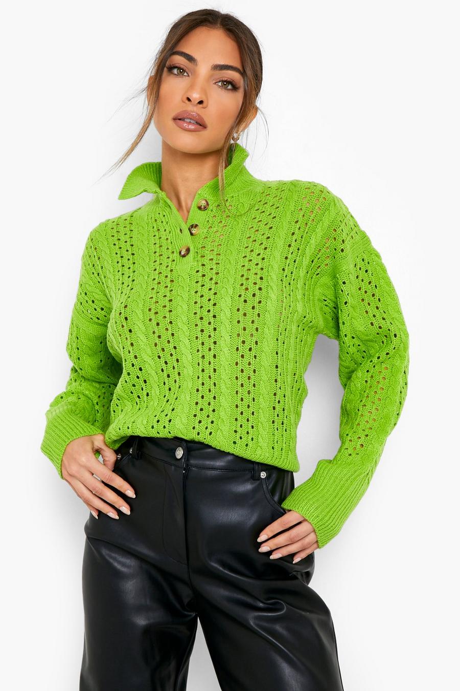 Apple green Open Stitch Cable Collar Jumper image number 1