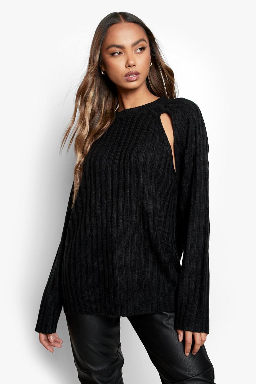 Black Cut Out Sleeve Detail Rib Knitted Sweater image number 1