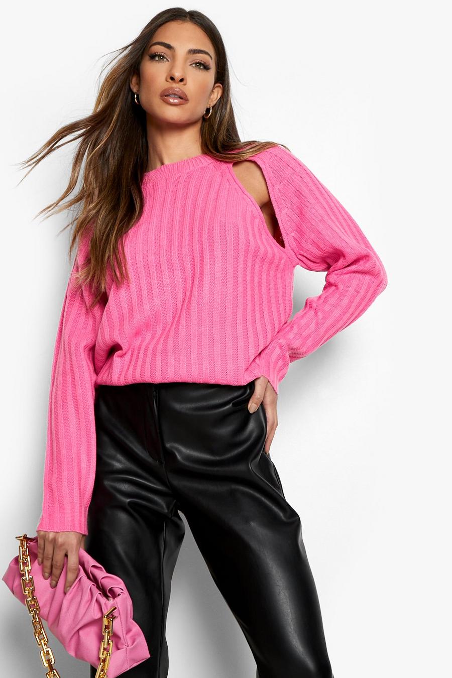 Gerippter Strick-Pullover mit Cut-Out am Ärmel, Bright pink rose image number 1
