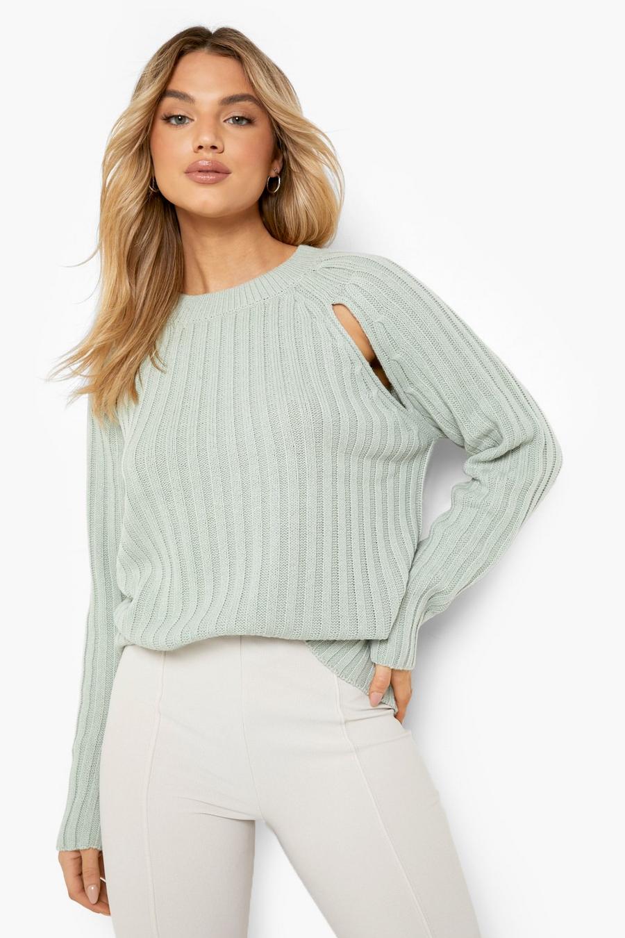 Khaki Cut Out Sleeve Detail Rib Knitted Sweater