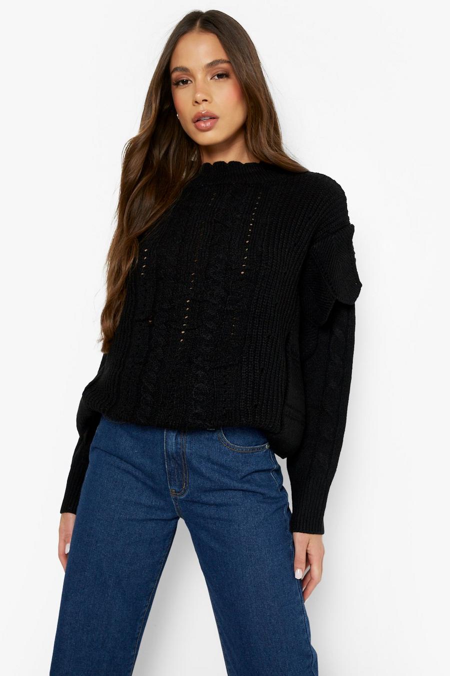 Black Ruffle Hem Cable Knitted Jumper image number 1