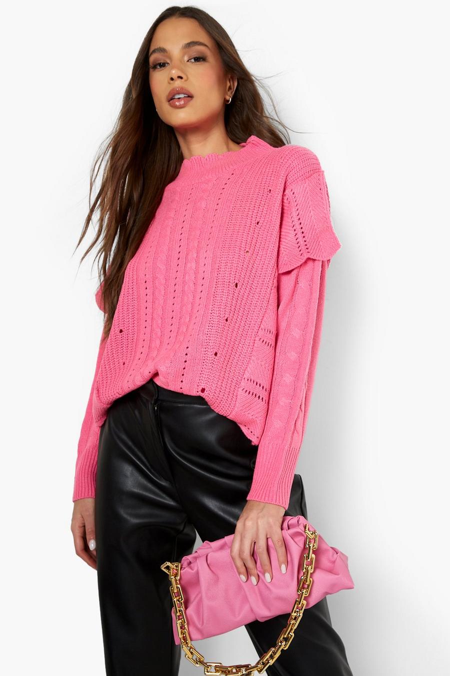 Bright pink Ruffle Hem Cable Knitted Jumper image number 1