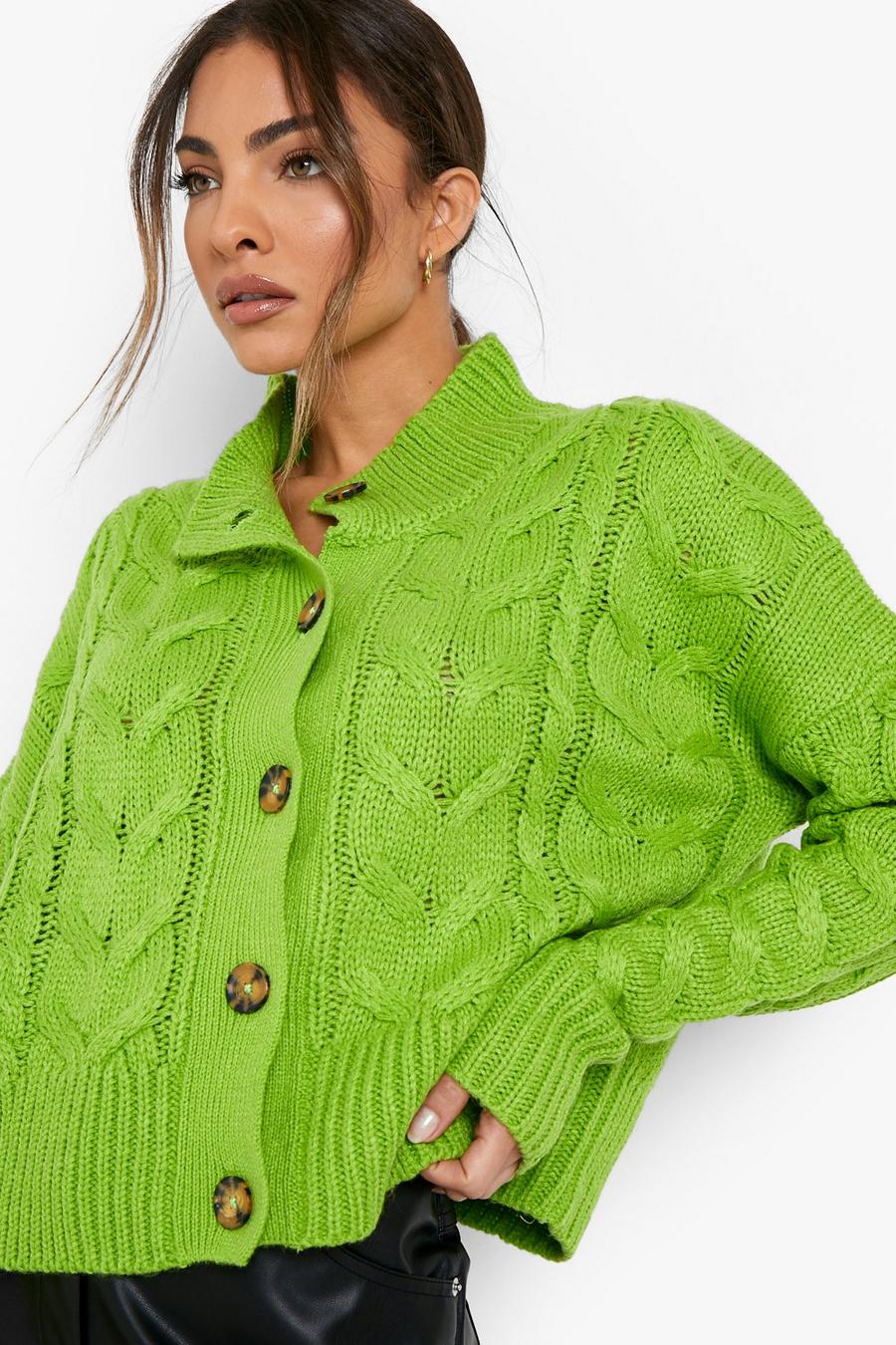 Apple green Chunky Cable Knit Cropped Cardigan image number 1
