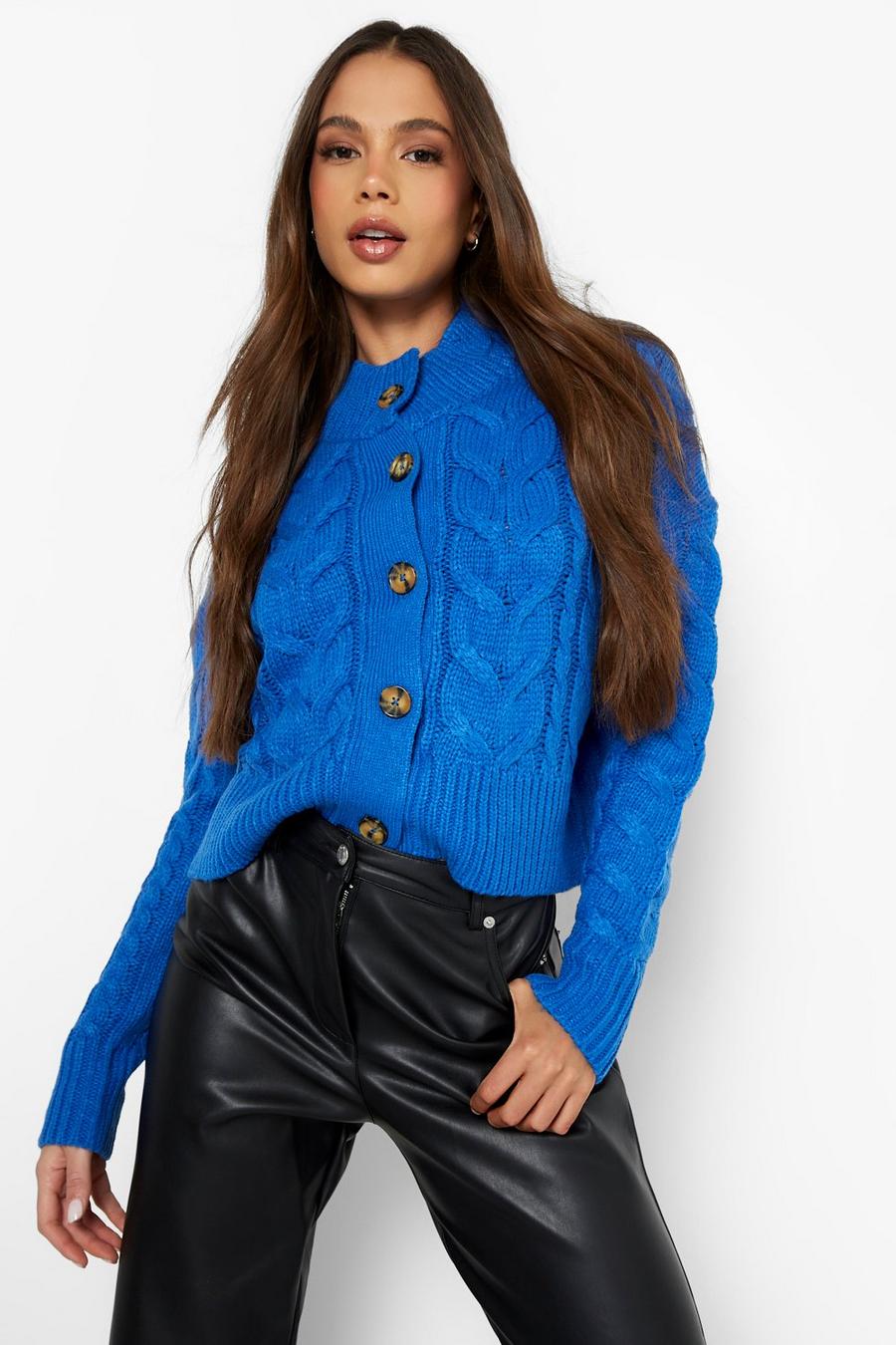 Cobalt Chunky Cable Knit Cropped Cardigan image number 1