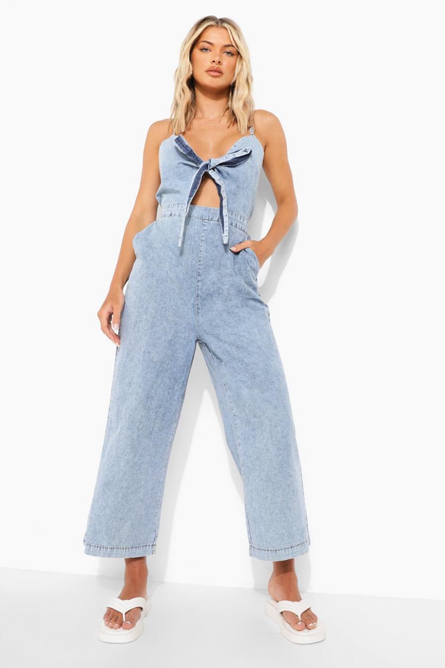 Light blue Tie Front Chambray Culotte Jumpsuit image number 1
