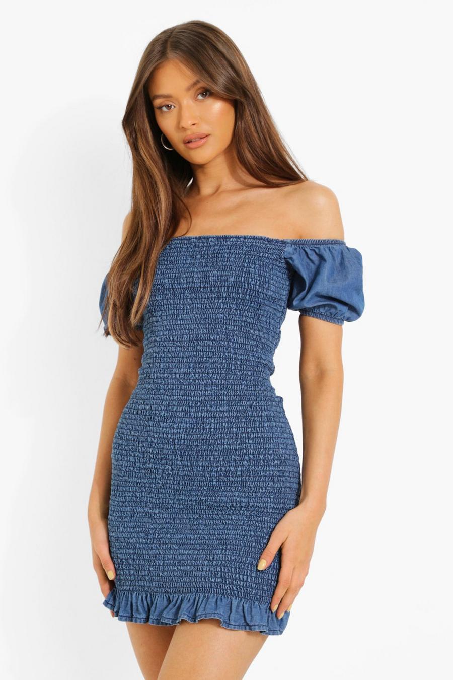 Mid blue All Over Shirred Chambray Mini Dress image number 1