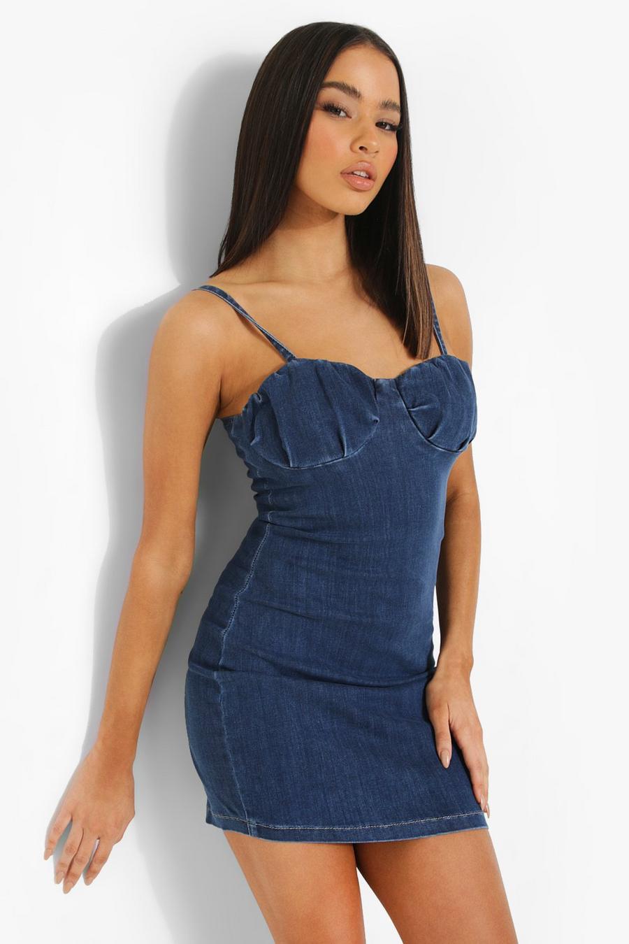 Mid blue Ruched Cupped Strappy Denim Mini Dress image number 1